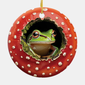 Frog in Toadstool – Cute Woodland Mushroom Art Julgransprydnad Keramik