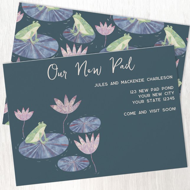 Frog Lily Pad Change of Adress Announcement Meddelande (Frog themed dark Our New Pad change of address moving announcement with custom text)