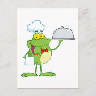 Frog Mascot Chef serverar mat i en leverplatter Vykort