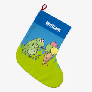 Frog med liten julklapp i Glass Stor Julstrumpa