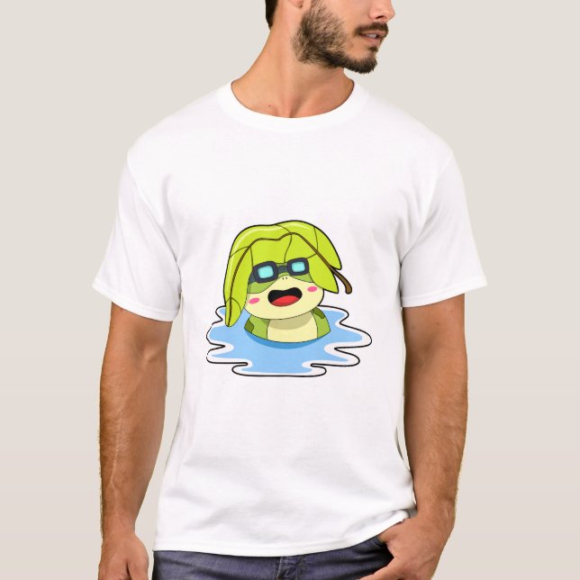 Frog med Löv vid Swimming T Shirt (Framsida)