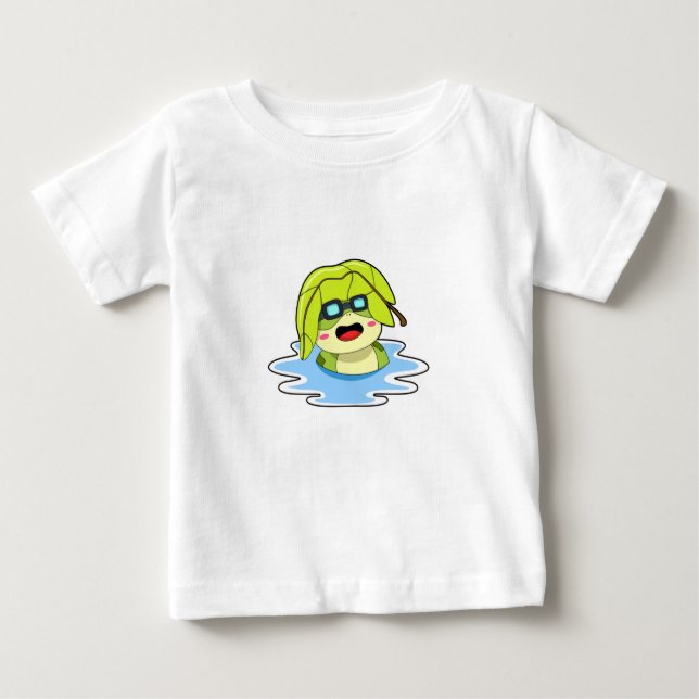 Frog med Löv vid Swimming T Shirt (Framsida)