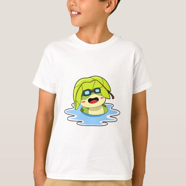 Frog med Löv vid Swimming T Shirt (Framsida)