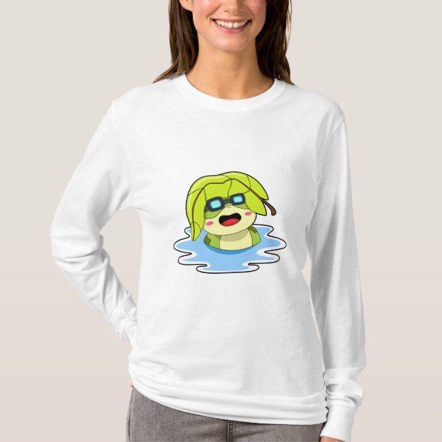 Frog med Löv vid Swimming T Shirt (Framsida)