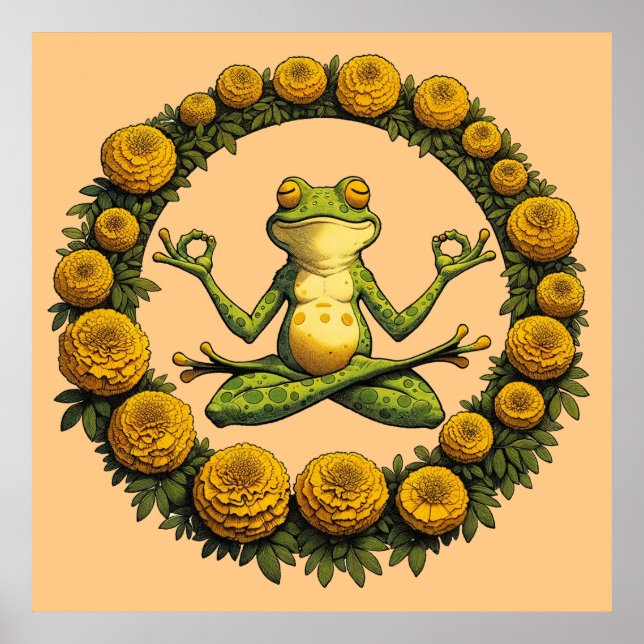 Frog Meditation Froggy Yoga Marigolds Poster (Framsidan)