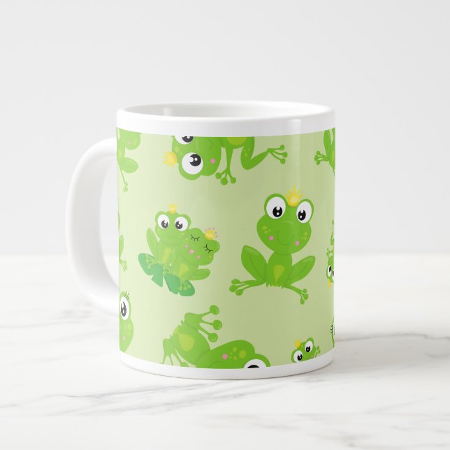 Frog Mönster, Cute Frogs, Grönt Frogs, Frog Prince Jumbo Mugg (Framsida vänster)