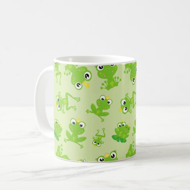 Frog Mönster, Cute Frogs, Grönt Frogs, Frog Prince Kaffemugg (Framsida vänster)