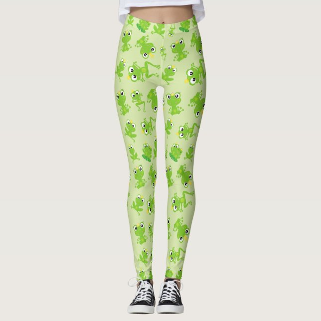 Frog Mönster, Cute Frogs, Grönt Frogs, Frog Prince Leggings (Framsida)