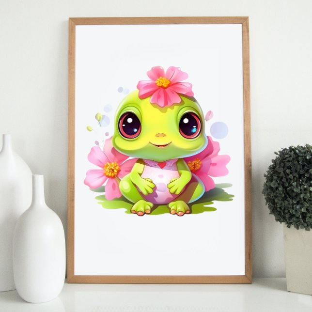 Frog Nursery Decor Cute Froglet med Rosa Flowers Poster (Frog Nursery Decor Cute Froglet with Pink Flowers)