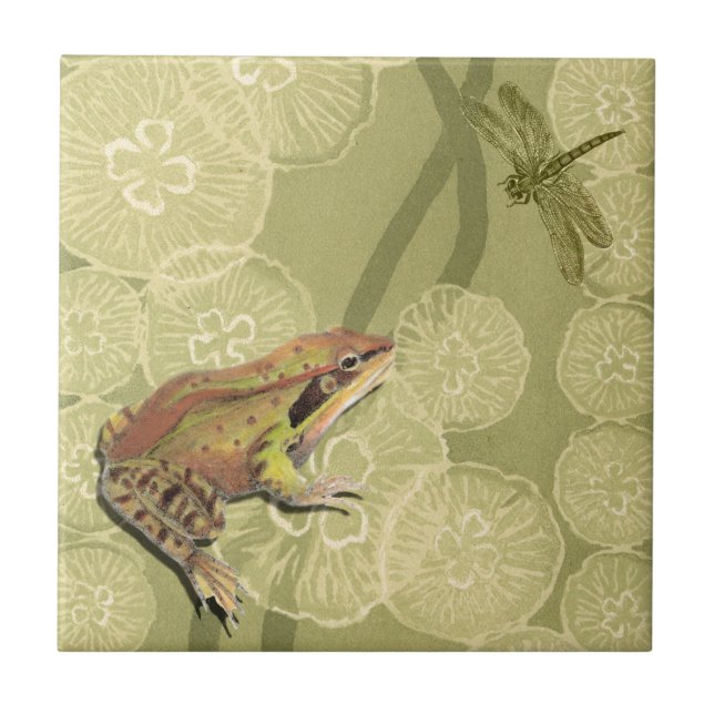 Frog och Dragonfly på Vatten Lilies Kakelplatta (Framsidan)