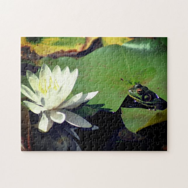 Frog och Lotus Vatten Lily Flower Pussel (Horisontell)