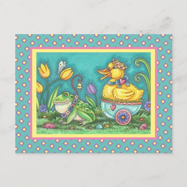 FROG OCH ROYAL DUCKLING. WHIMSICAL PÅSK POSTCARD VYKORT (Framsida)