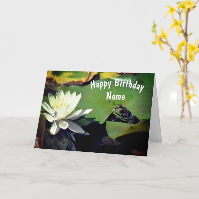 Frog och Vatten Lily Flower Personlig Birthday Kort (Gul blomma)