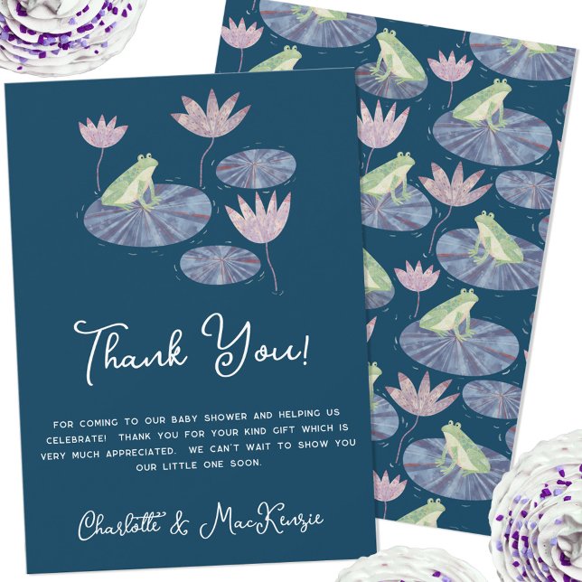 Frog på en Lily Pad Baby Shower Tack för ditt kort (Frog theme baby shower thank you card with custom text)