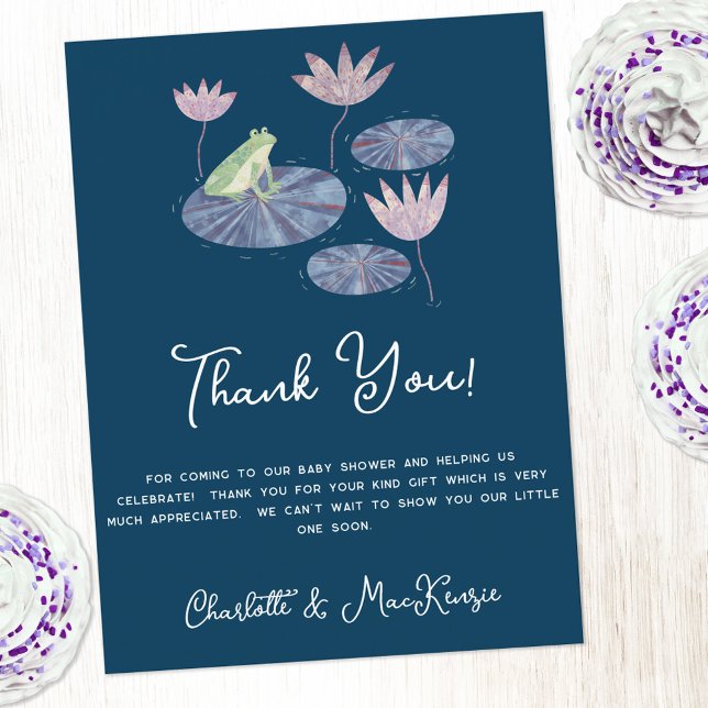 Frog på en Lily Pad Baby Shower-Tack Vykort (Frog baby shower thank you postcard with custom text)