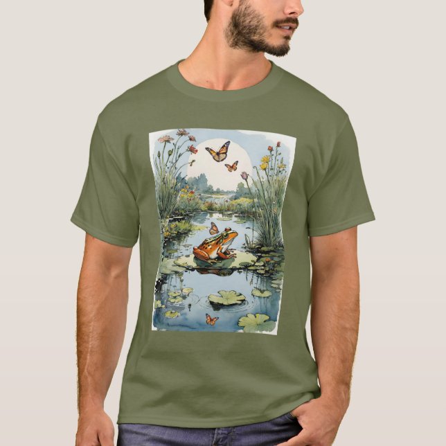 Frog på en Lily Pad med Butterflies T Shirt (Framsida)