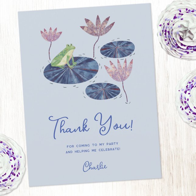 Frog på en Lily Pad Party Tack Vykort (Frog themed party thank you postcard with personalized custom text)