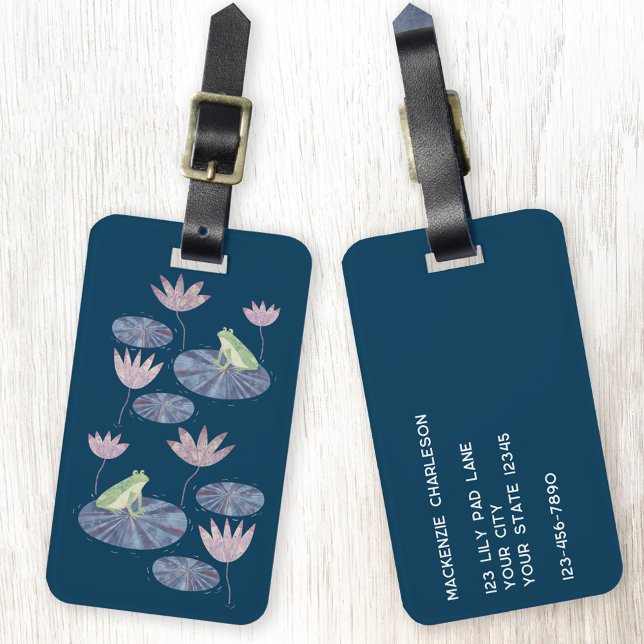 Frog på en Lily Pond-Personlig Bagagebricka (Frog on a lily pad watercolor custom text details personalized luggage tag)