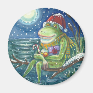 FROG PÅ EN LOG, HELGDAG CHRISTMAS MAGNET Round