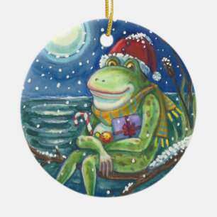 FROG PÅ LÅGVAROR HJÄRTA, FUNNY, CUTCHRISTMAS JULGRANSPRYDNAD KERAMIK