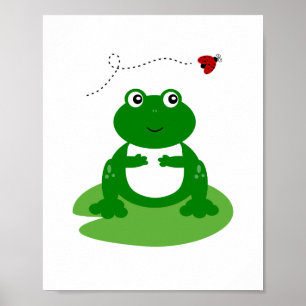 Frog på Lily Pad med Ladybug Nursery Wall Art Poster