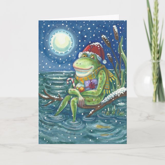 FROG PÅ LOG ROLIGT CHRISTMAS GREETING CARD Verse Helgkort (Framsida)
