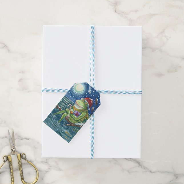 FROG PÅ LOG SANTA, CHRISTMAS HELGDAG GIFT MÄRKRES PRESENTETIKETT (Med Snöre)