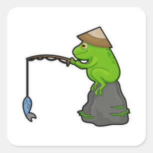 Frog på sten vid fiske med fiskstav och fisk fyrkantigt klistermärke