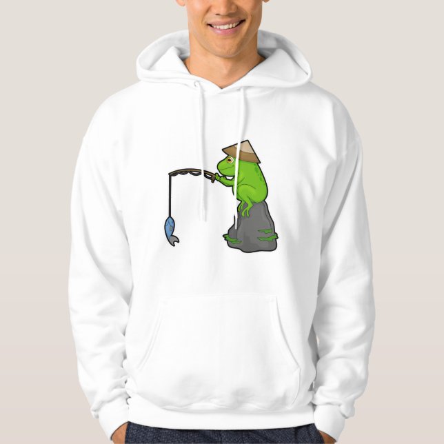 Frog på sten vid fiske med fiskstav och fisk hoodie (Framsida)