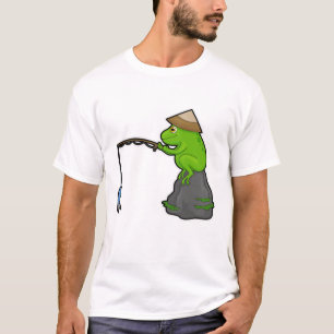Frog på sten vid fiske med fiskstav och fisk t shirt