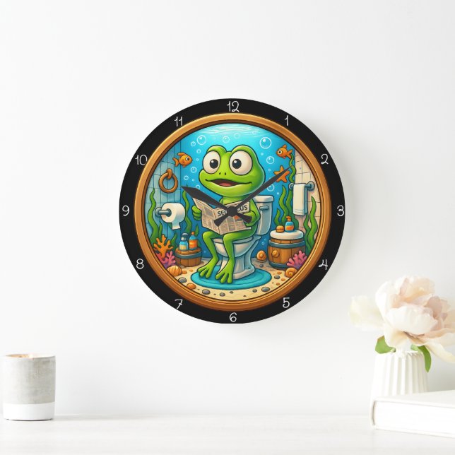 Frog på Toilet Funny Stor Klocka (Hem)