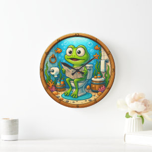 Frog på Toilet Funny Wood Tittar ram Stor Klocka