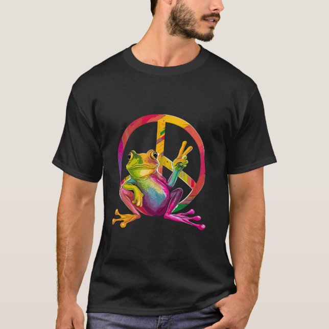 Frog Peace Frog Sign Tie Dye Hippie Långärmad T Shirt (Framsida)
