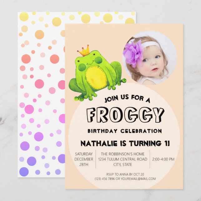 Frog Photo Birthday Rosa 1:a Party Cute Polka dots Inbjudningar (Fram/baksida)