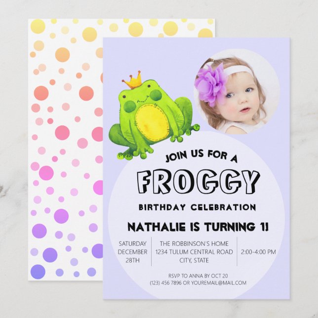 Frog Photo Birthday Rosa 1:a Party Cute Polka dots Inbjudningar (Fram/baksida)
