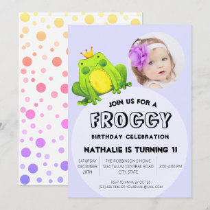 Frog Photo Birthday Rosa 1:a Party Cute Polka dots Inbjudningar