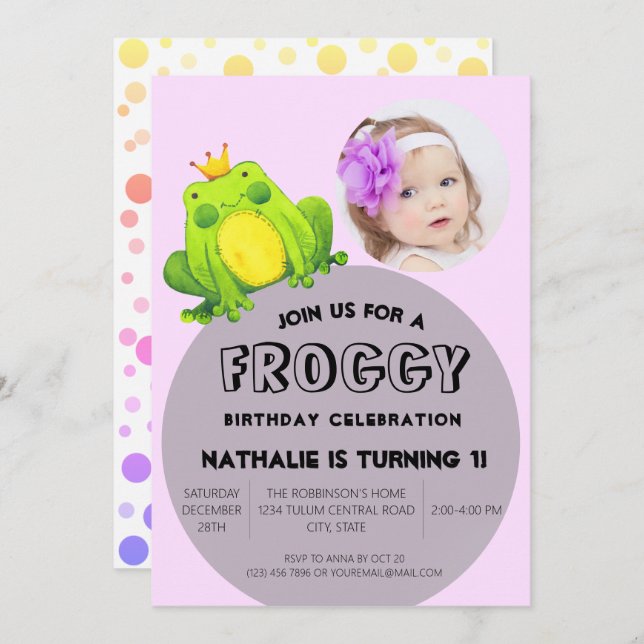 Frog Photo Birthday Rosa 1:a Party Cute Polka dots Inbjudningar (Fram/baksida)