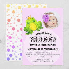 Frog Photo Birthday Rosa 1:a Party Cute Polka dots Inbjudningar