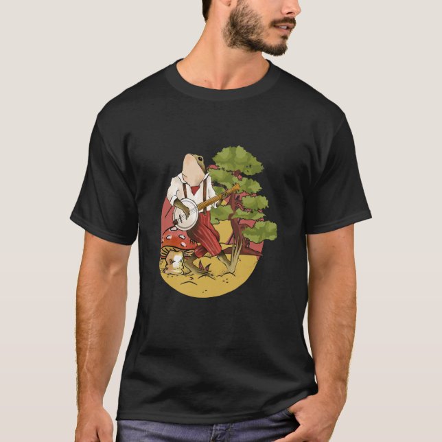 Frog Playing Banjo on a Mushroom cute Frog T Shirt (Framsida)