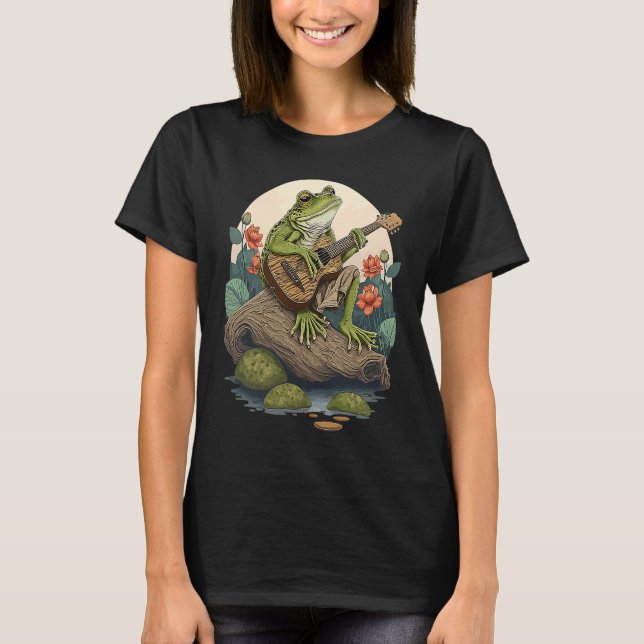 Frog Playing Guitar  Frog Banjo On Log Aesthetic F T Shirt (Framsida)