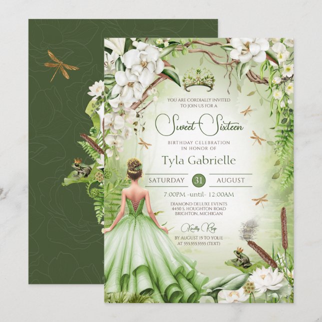 Frog Prince Fairytale Princess Sweet 16 Inbjudningar (Fram/baksida)