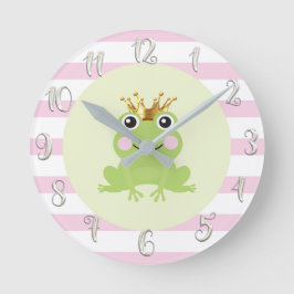 Frog Prince Guld Krona Cute Whimsical Nursery Rosa Rund Klocka