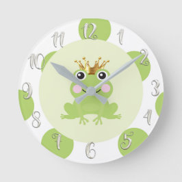 Frog Prince Guld Krona Cute Whimsical Nursery Rund Klocka