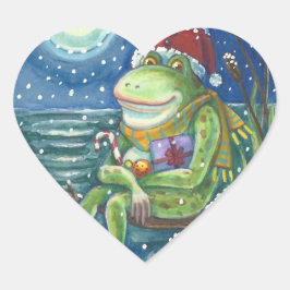 FROG SANTA ON LOG, HOLLIDAY CHRISTMAS STICKERS Hrt Hjärtformat Klistermärke