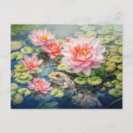 Frog sitta bland blommande vatten lilies helg vykort