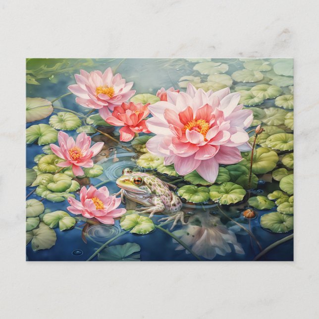 Frog sitta bland blommande vatten lilies helg vykort (Framsida)