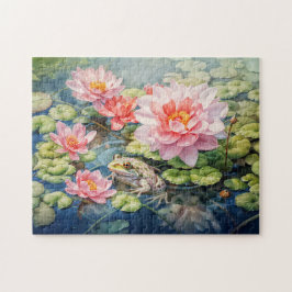 Frog sitting among blooming water lilies pussel