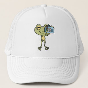Frog som fotograf med kamera keps