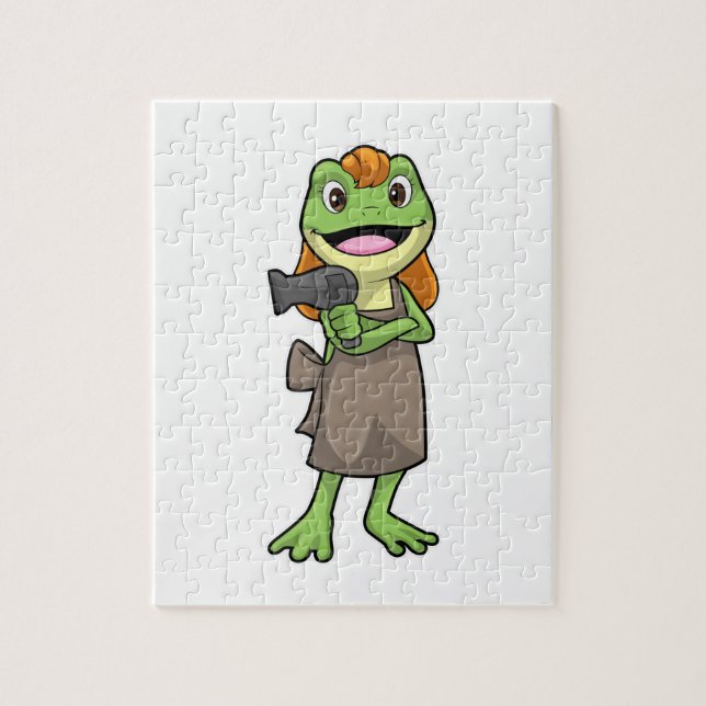 Frog som Hairdresser med Hairdryer Pussel (Vertikal)