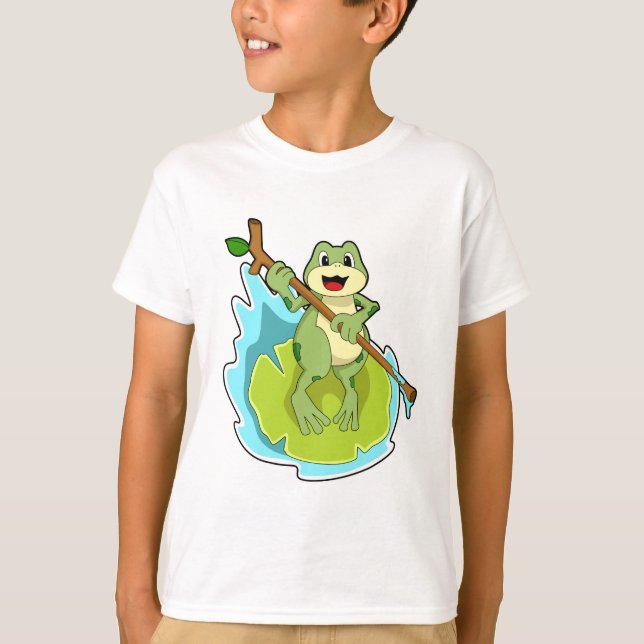 Frog som Hiker med Stick T Shirt (Framsida)